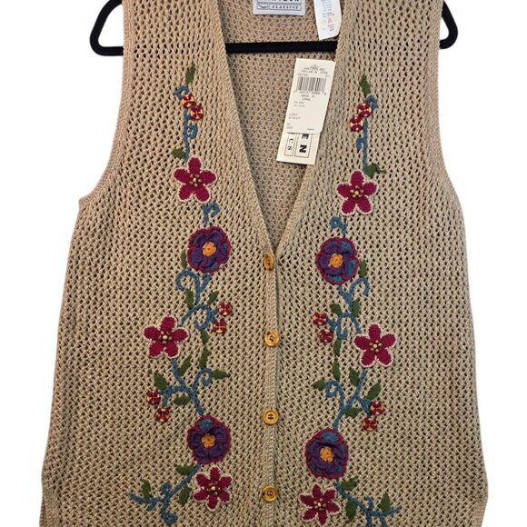 Jantzen 1990s Embroidered Beige Knit Cardigan Vest Size M Handcrafted Lagenlook - Picture 1 of 9